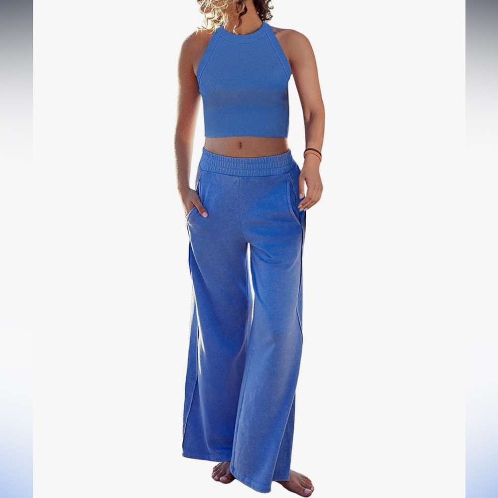Two Piece Set: Ribbed Tank Crop Top & Wide Leg Pants